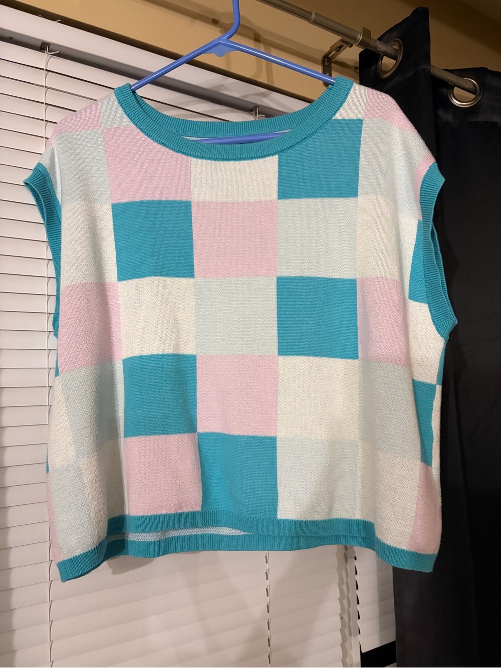 Pastel Check Knit Top - Aqua, Pink & Cream